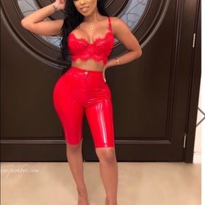 Red two piece (pleather pants and lace top)